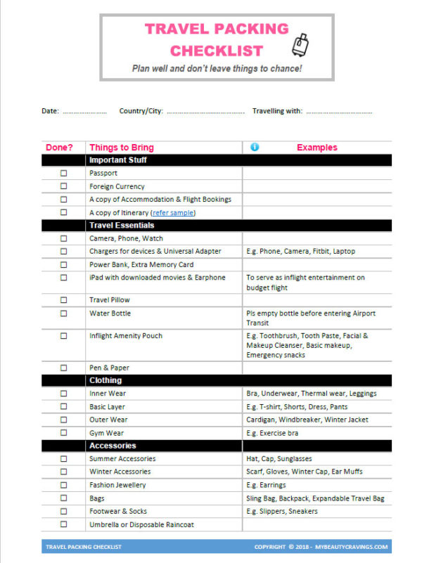 Travel Packing Checklist Print Screen